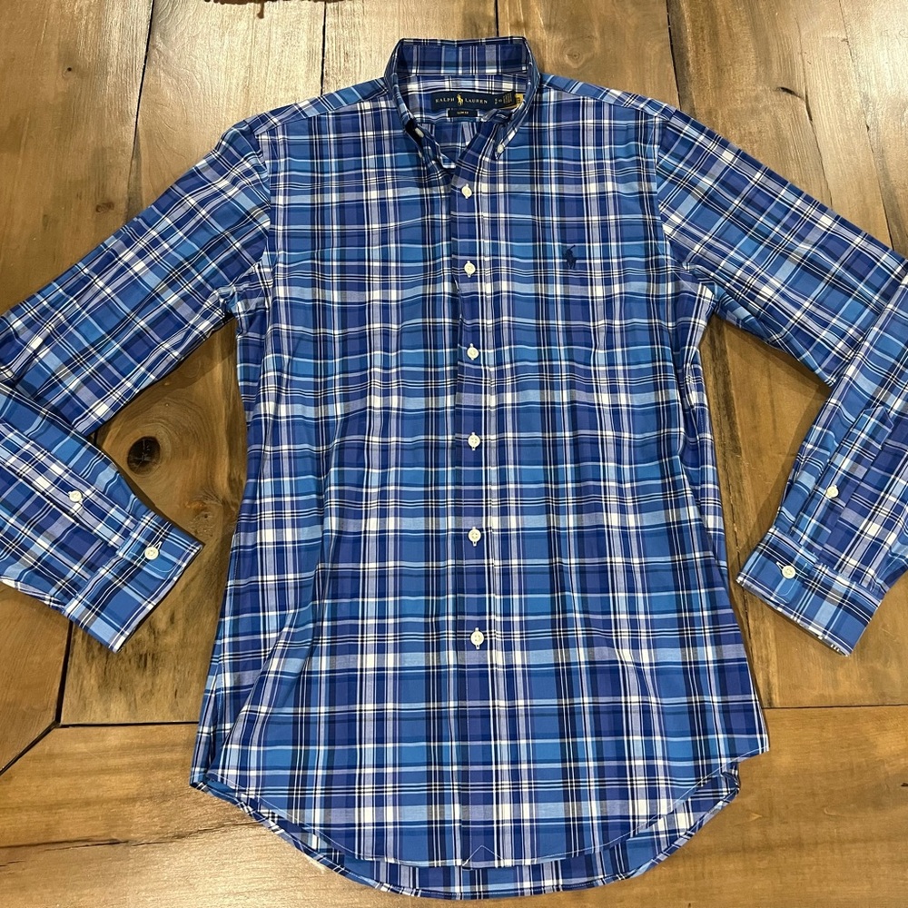 Polo Ralph Lauren Men’s Slim Fit Performance Button Down, Size 15 S, Blue Plaid